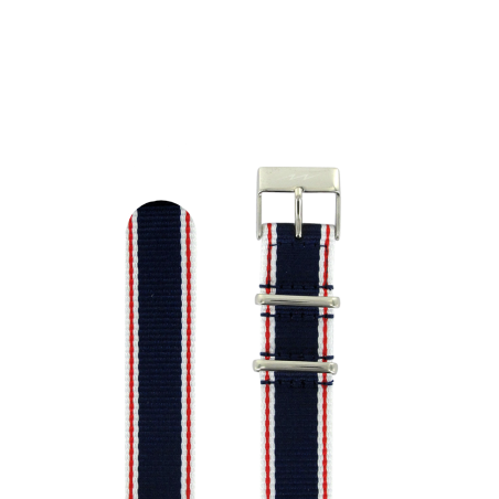 bracelet nato en textile bleu blanc et rouge boucles chromées