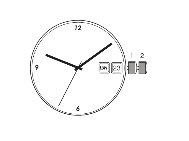 Schéma Réglage heure, jour, date montre à quartz